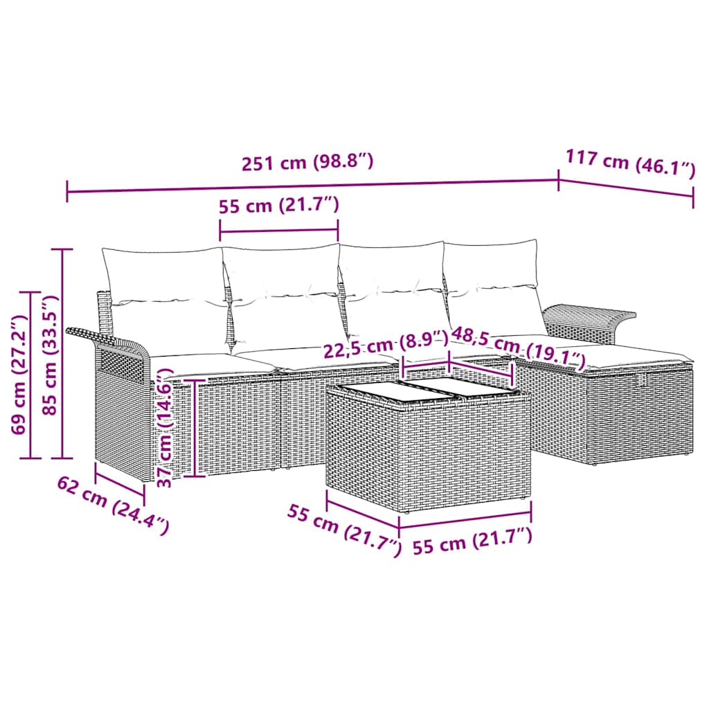 Garden Sofa Set 6 pcs Black 251 x 117 x 85 cm Poly rattan