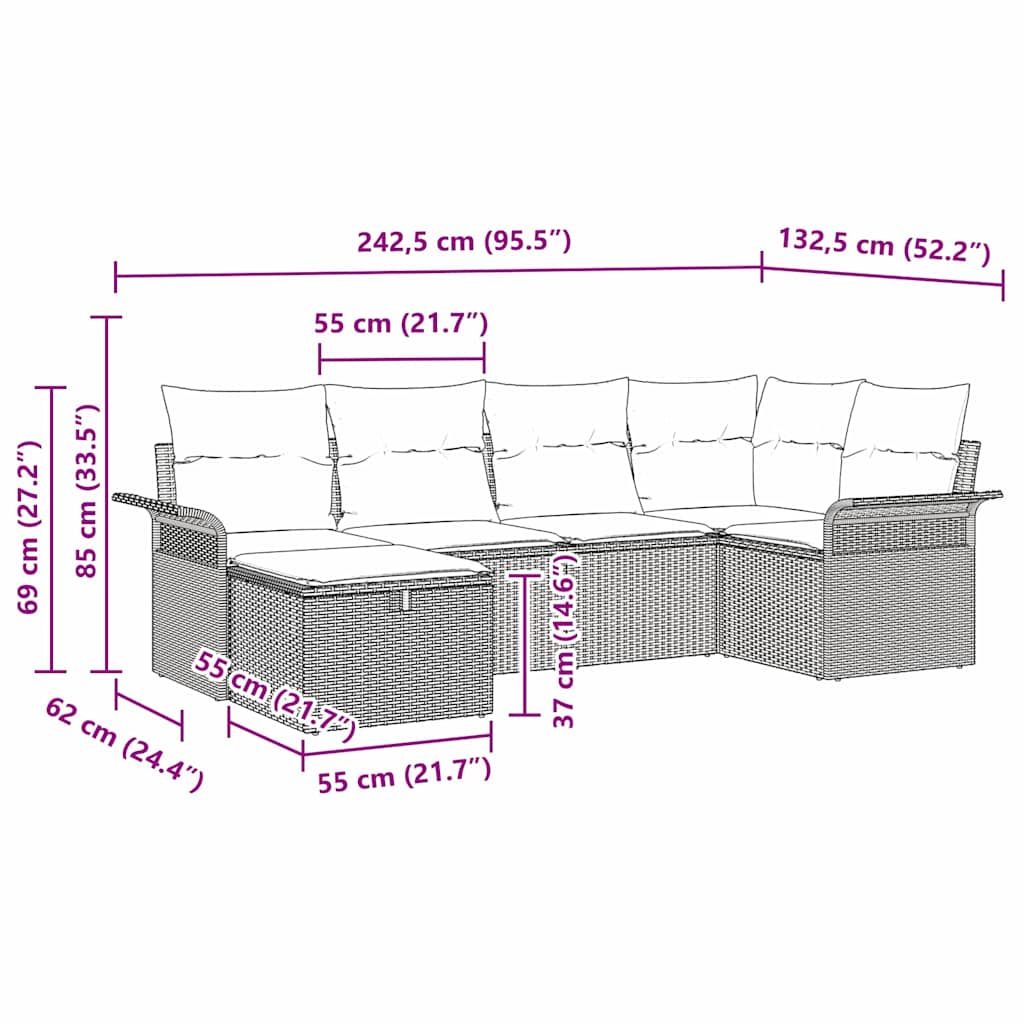Garden Sofa Set 6 pcs Grey 242.5 x 132.5 x 85 cm Poly rattan