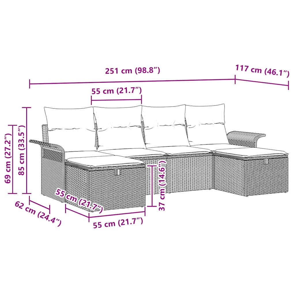 Garden Sofa Set 6 pcs Black 251 x 117 x 85 cm Poly rattan