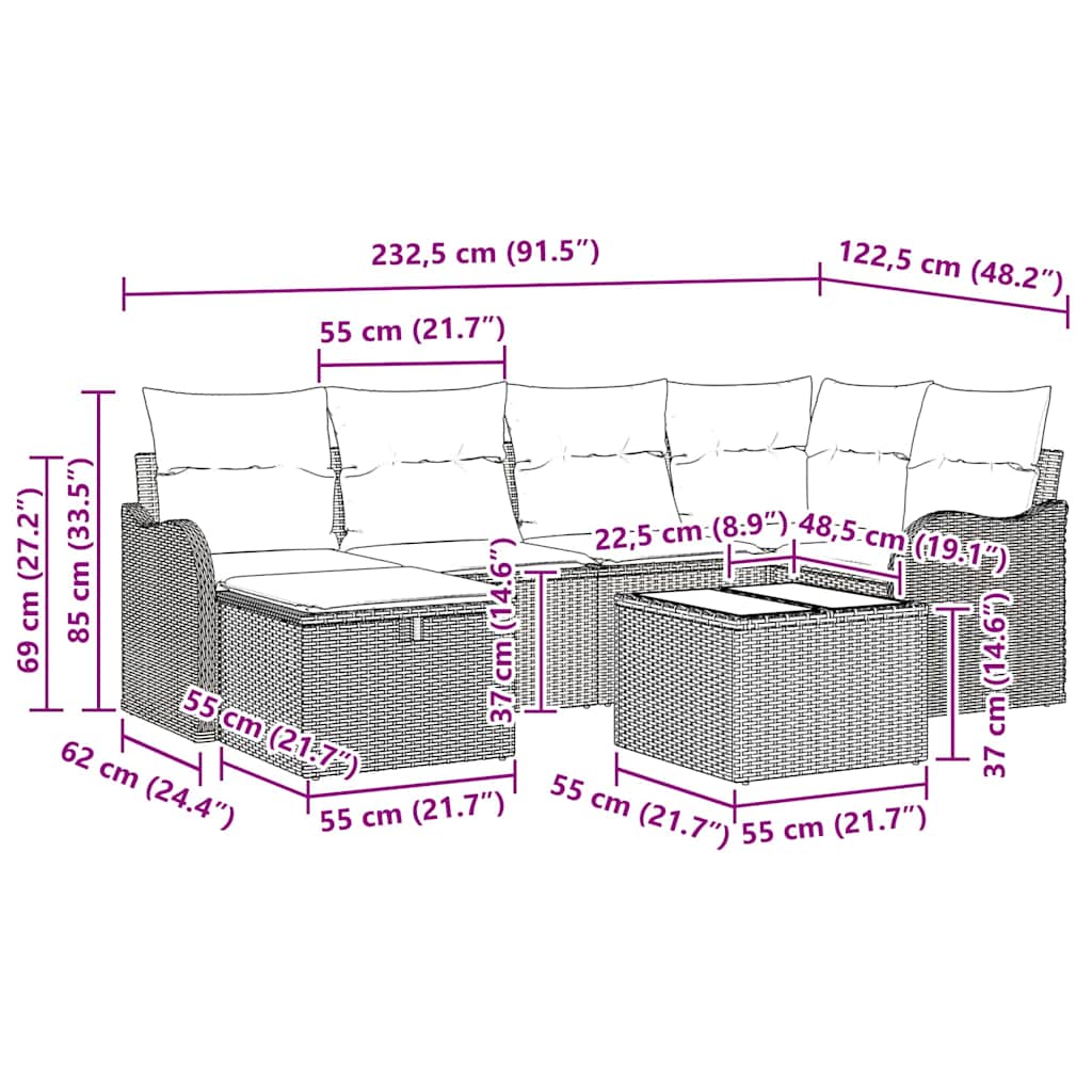 Garden Sofa Set 7 pcs Grey 232.5 x 122.5 x 85 cm Poly rattan