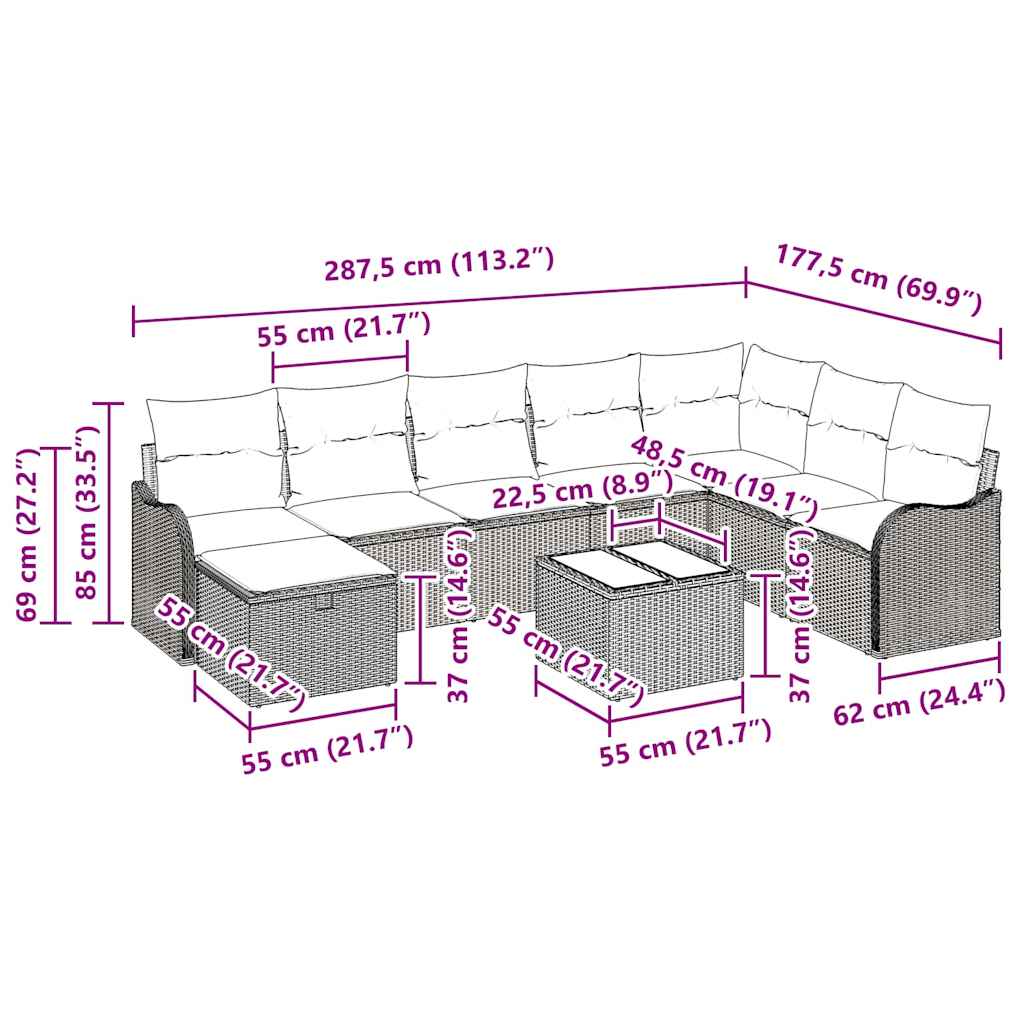 Garden Sofa Set 9 pcs Grey 287.5 x 177.5 x 85 cm Poly rattan