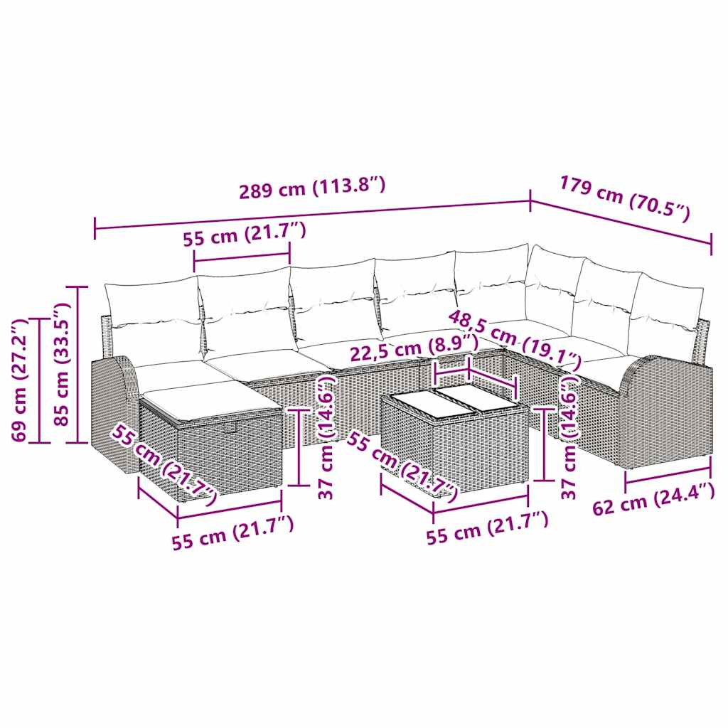 Garden Sofa Set 9 pcs Black 289 x 179 x 85 cm Poly rattan