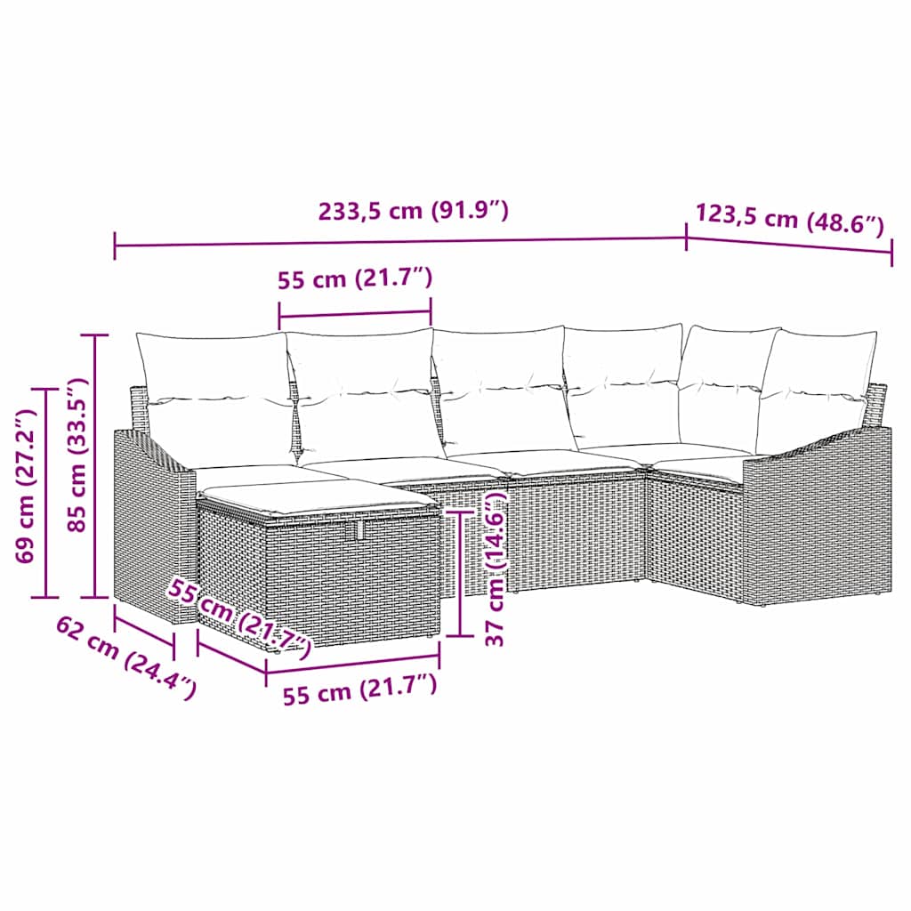 Garden Sofa Set 6 pcs Black Poly Rattan, Powder-Coated Steel