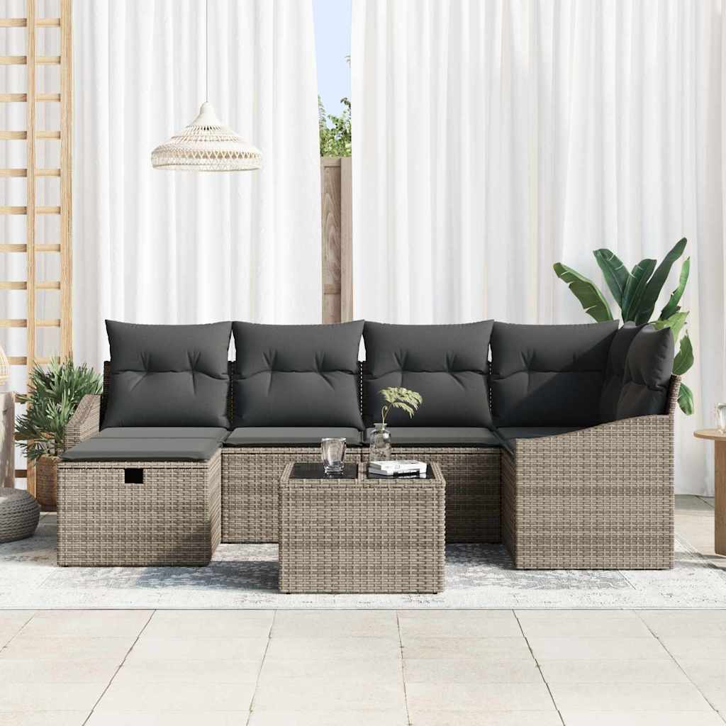 Garden Sofa Set 7 pcs Grey Poly Rattan, Powder-Coated Steel