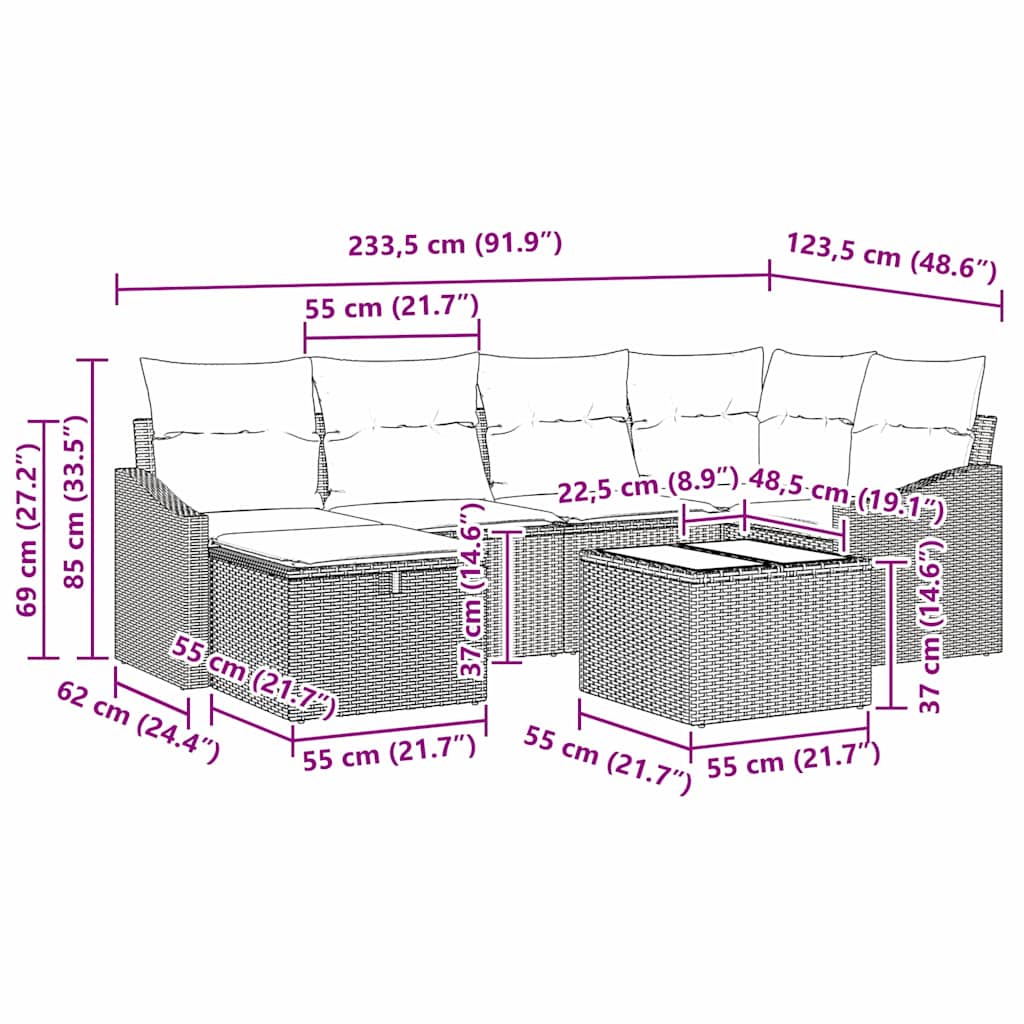 Garden Sofa Set 7 pcs Grey Poly Rattan, Powder-Coated Steel