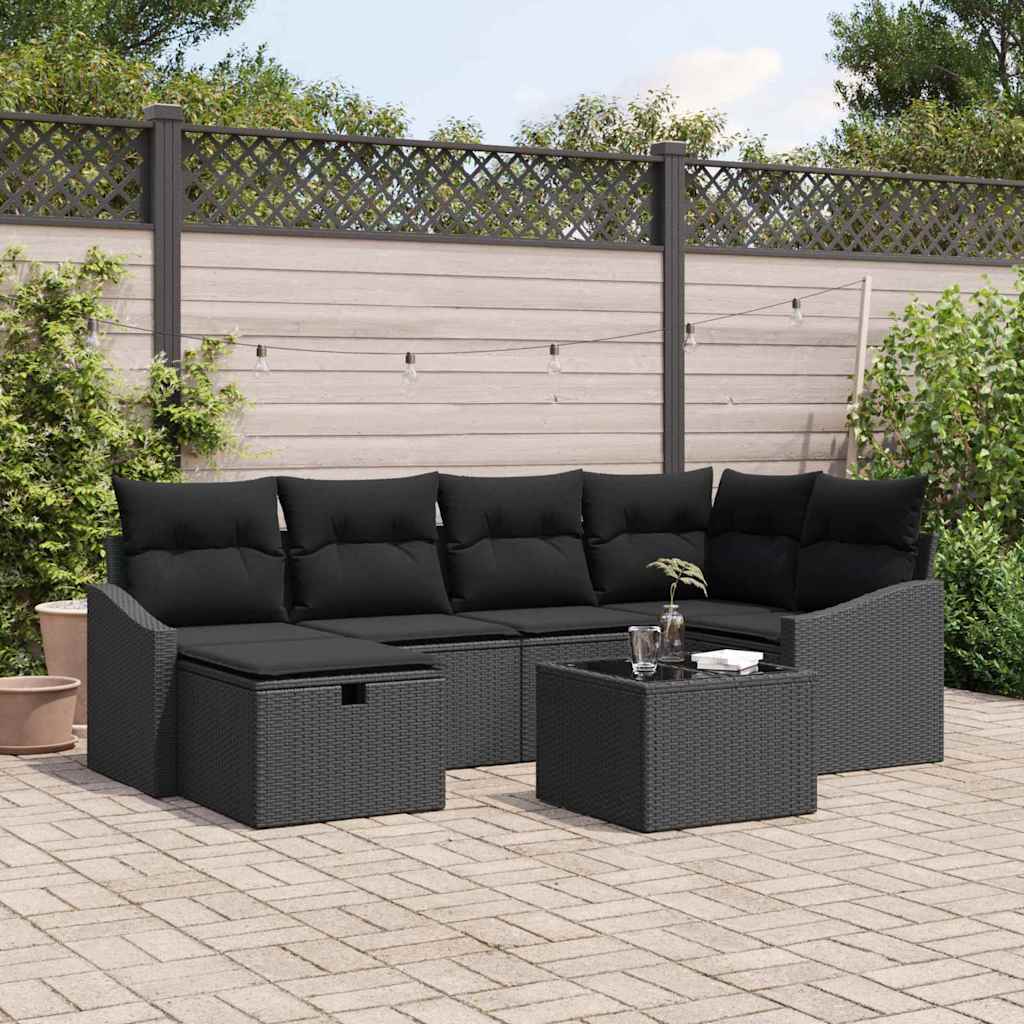 Garden Sofa Set 7 pcs Black Poly Rattan, Powder-Coated Steel