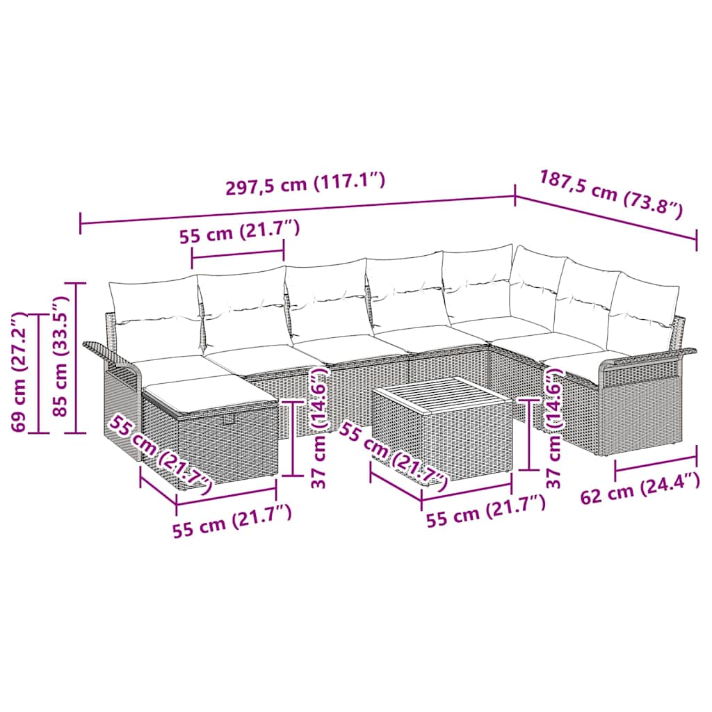 Garden Sofa Set with Cushion 9 pcs Grey Poly rattan