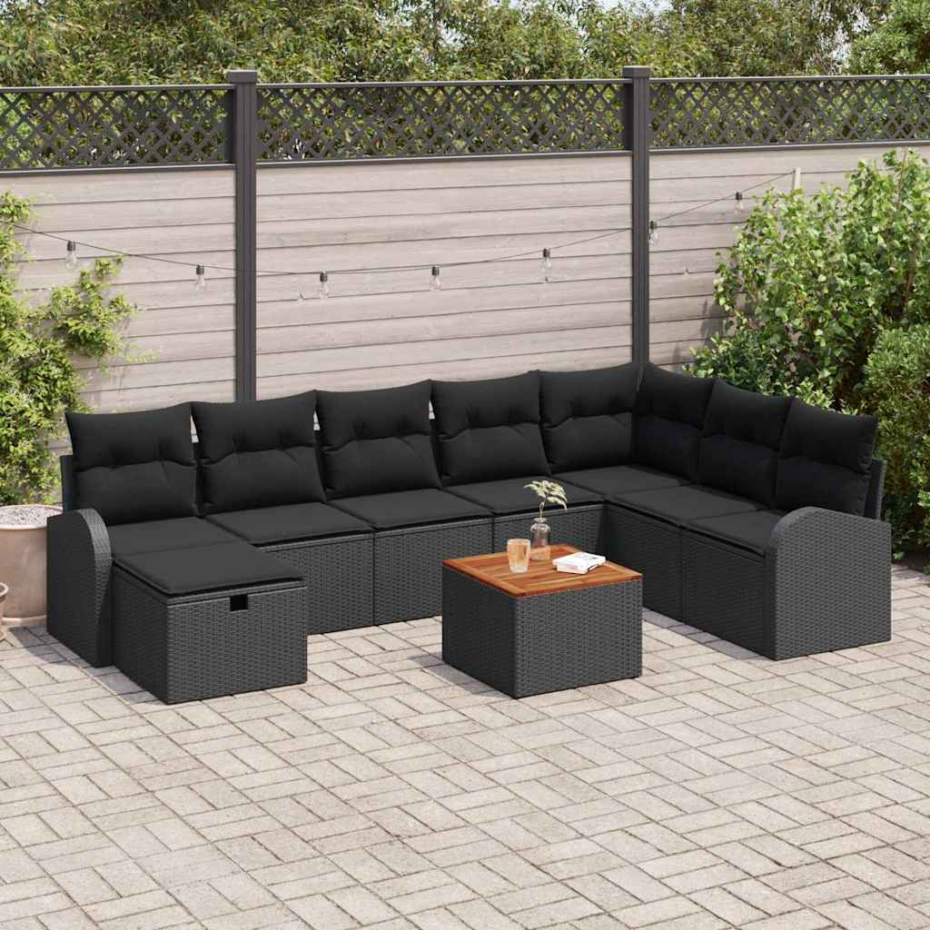Garden Sofa Set with Cushion 9 pcs Black Poly Rattan
