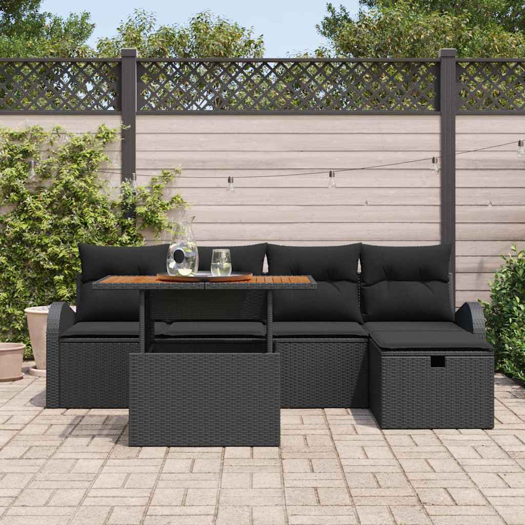 Garden Sofa Set with Cushion 6 pcs Black Poly Rattan