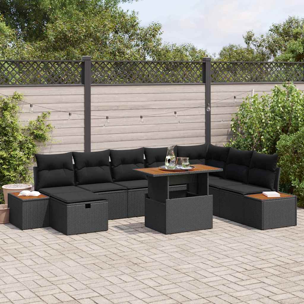 Garden Sofa Set with Cushion 9 pcs Black Poly rattan