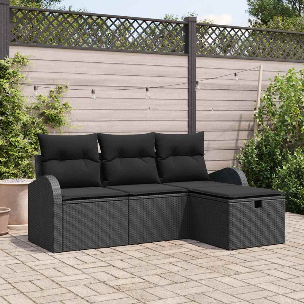 Garden Sofa Set with Cushion 4 pcs Black Poly Rattan