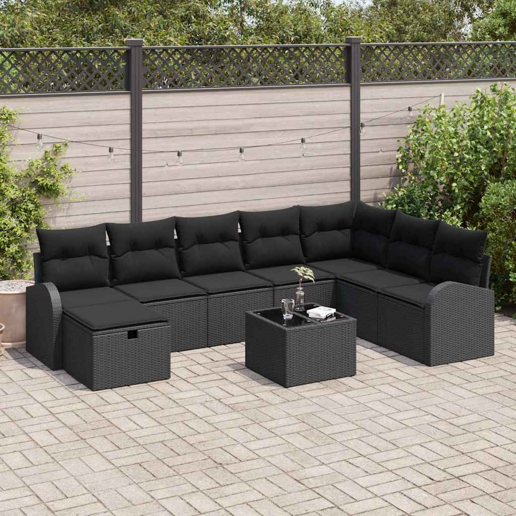 Garden Sofa Set with Cushion 9 pcs Black Poly rattan