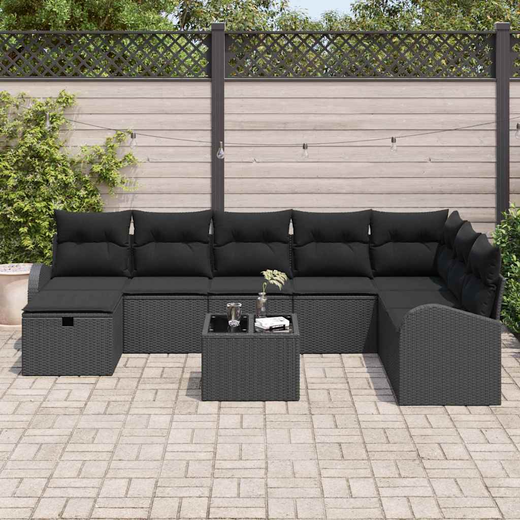 Garden Sofa Set with Cushion 9 pcs Black Poly rattan