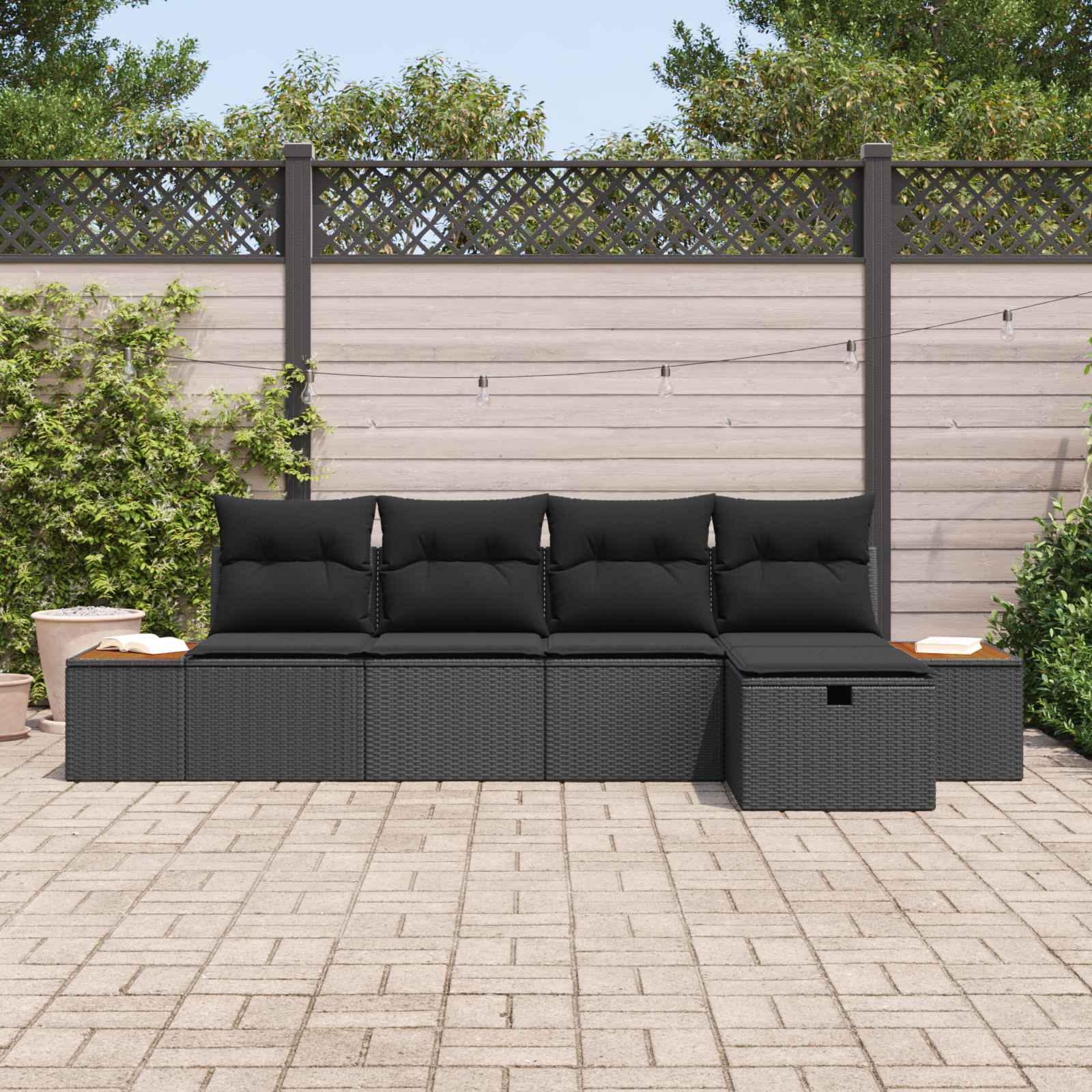 Garden Sofa Set with Pillow 5 pcs Black Poly rattan