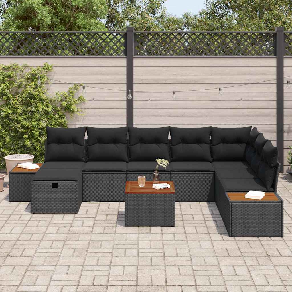Garden Sofa Set with Pillow 9 pcs Black Poly rattan
