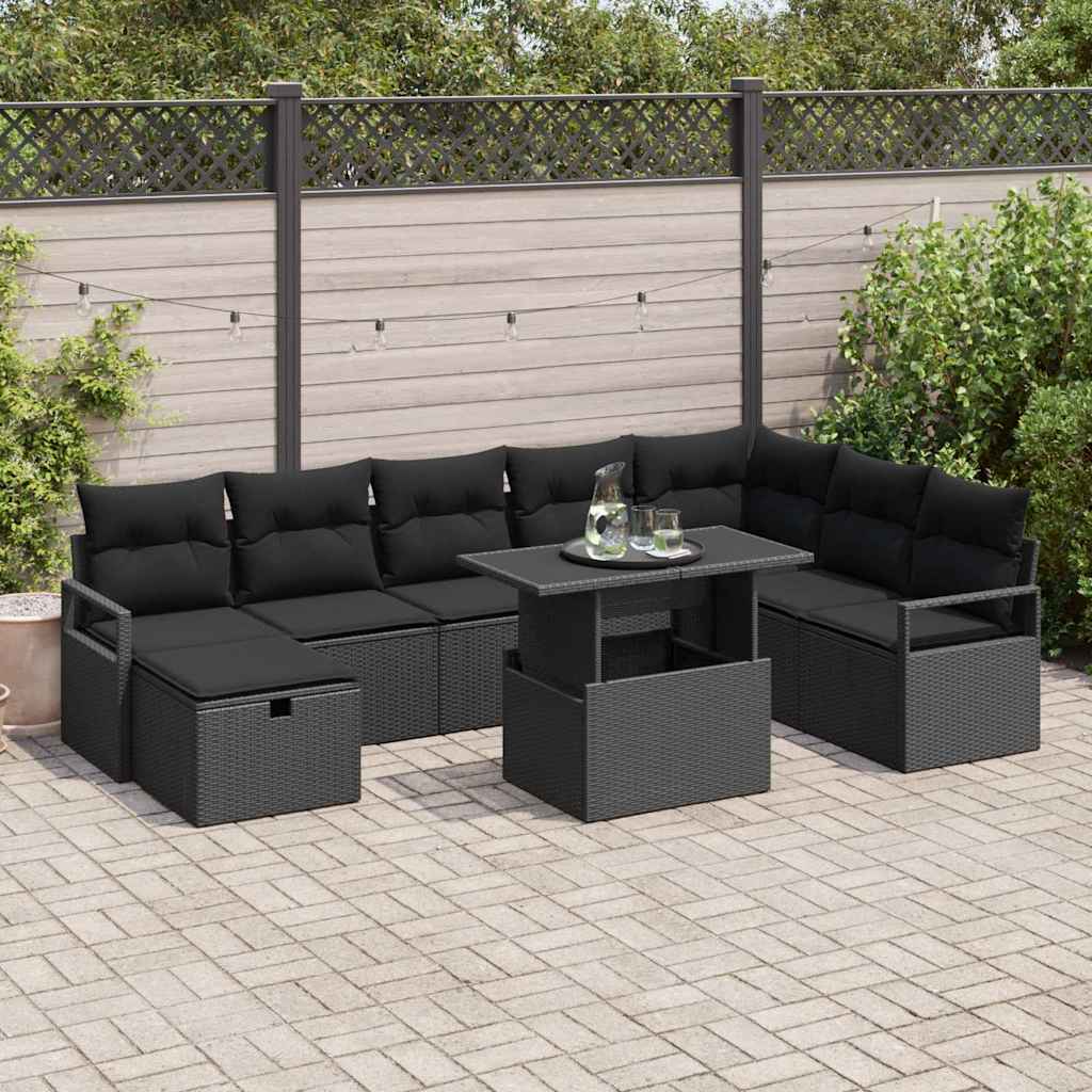 Garden Sofa Set with Cushion 9 pcs Black Poly rattan