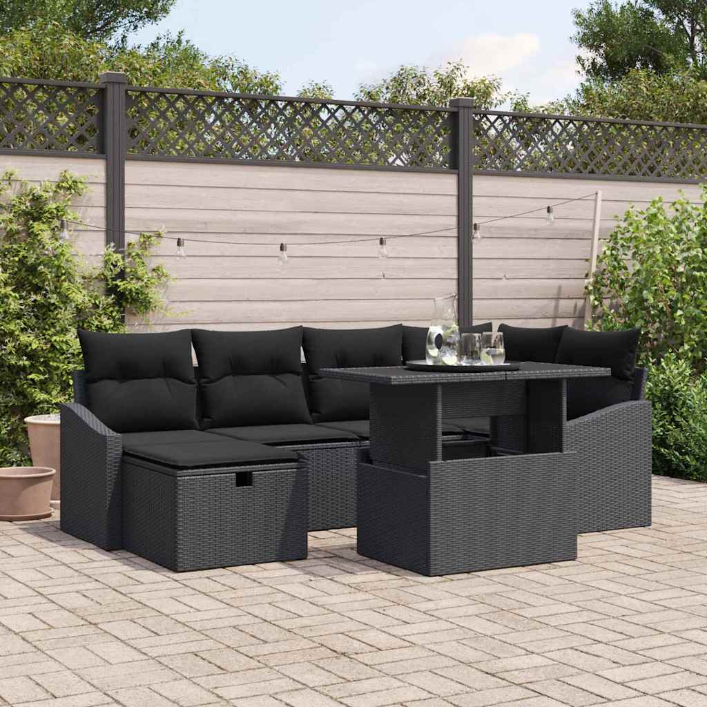 Garden Sofa Set with Cushion 7 pcs Black Poly Rattan