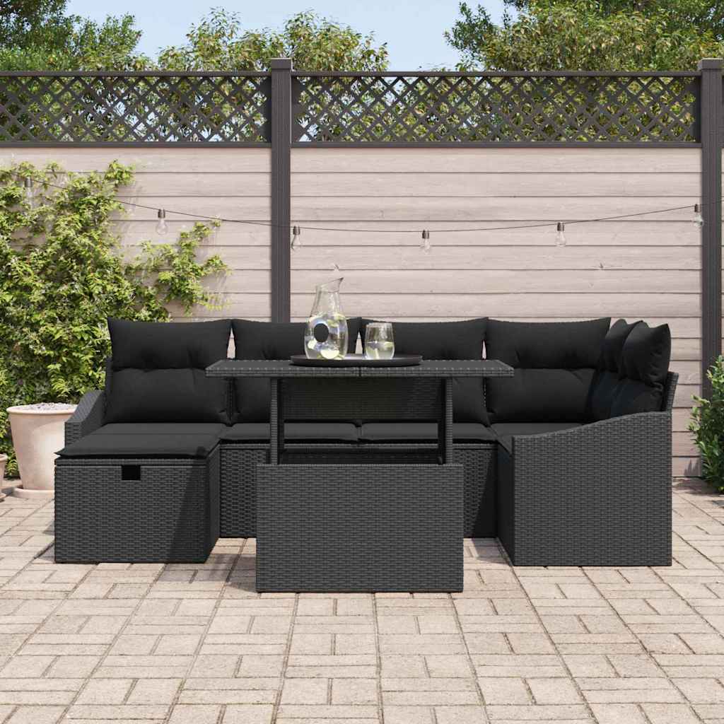 Garden Sofa Set with Cushion 7 pcs Black Poly Rattan