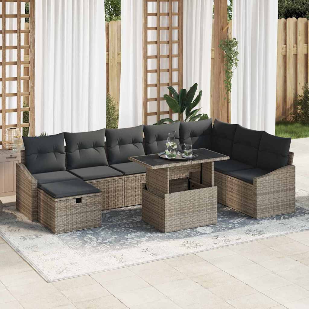 Garden Sofa Set Height-Adjustable 9 pcs Grey Poly Rattan