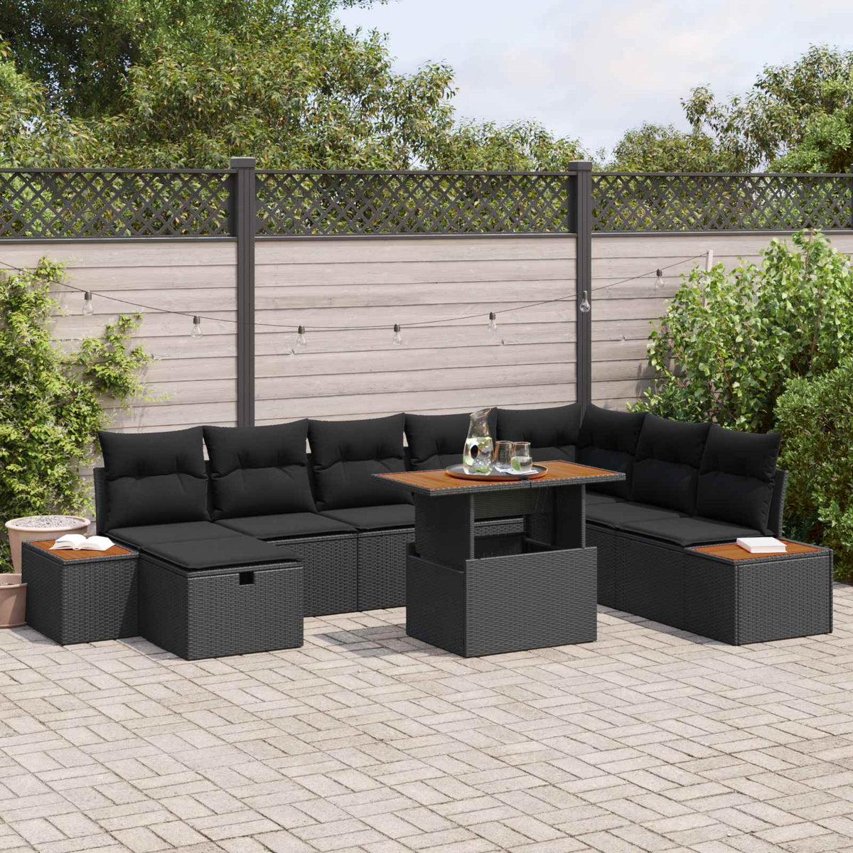 Garden Sofa Set with Cushion 9 pcs Black Poly Rattan