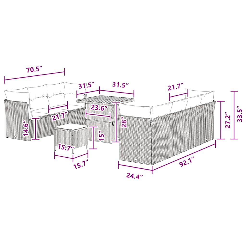 Garden Sofa Set Height-Adjustable 10 pcs Black Poly Rattan