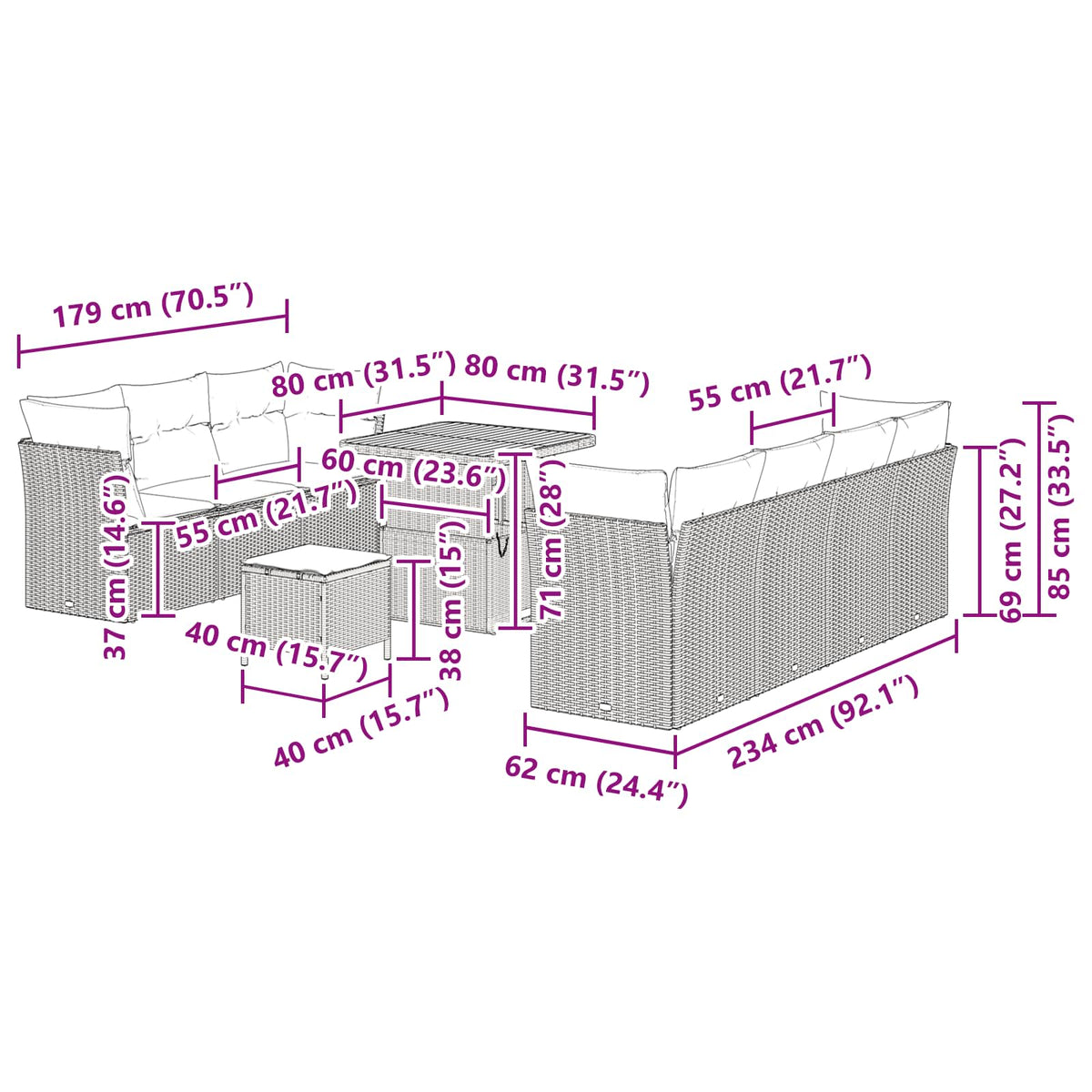 Garden Sofa Set Height-Adjustable 10 pcs Black Poly Rattan
