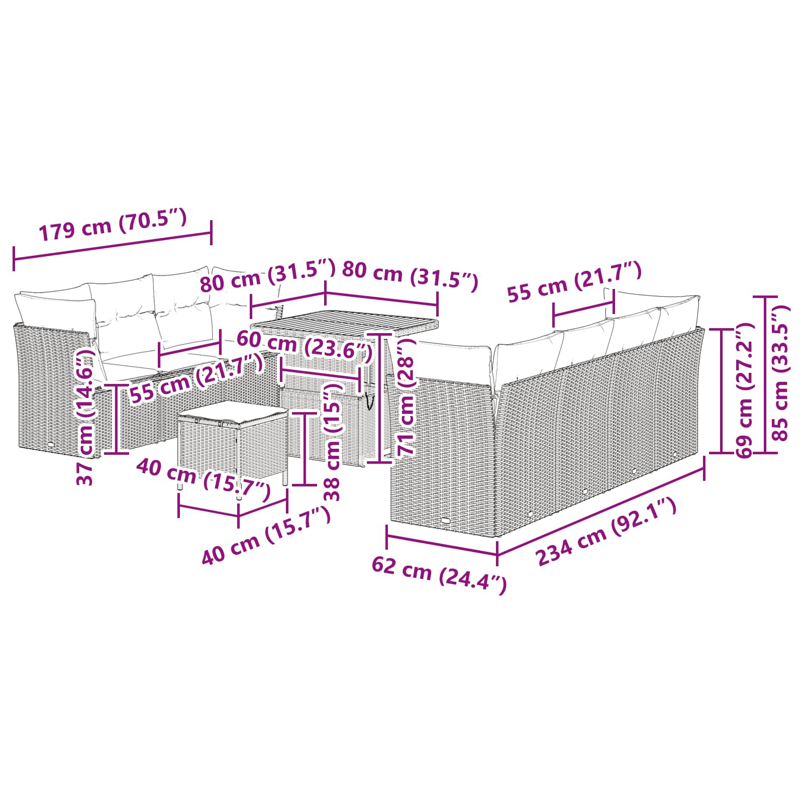Garden Sofa Set Height-Adjustable 10 pcs Black Poly Rattan