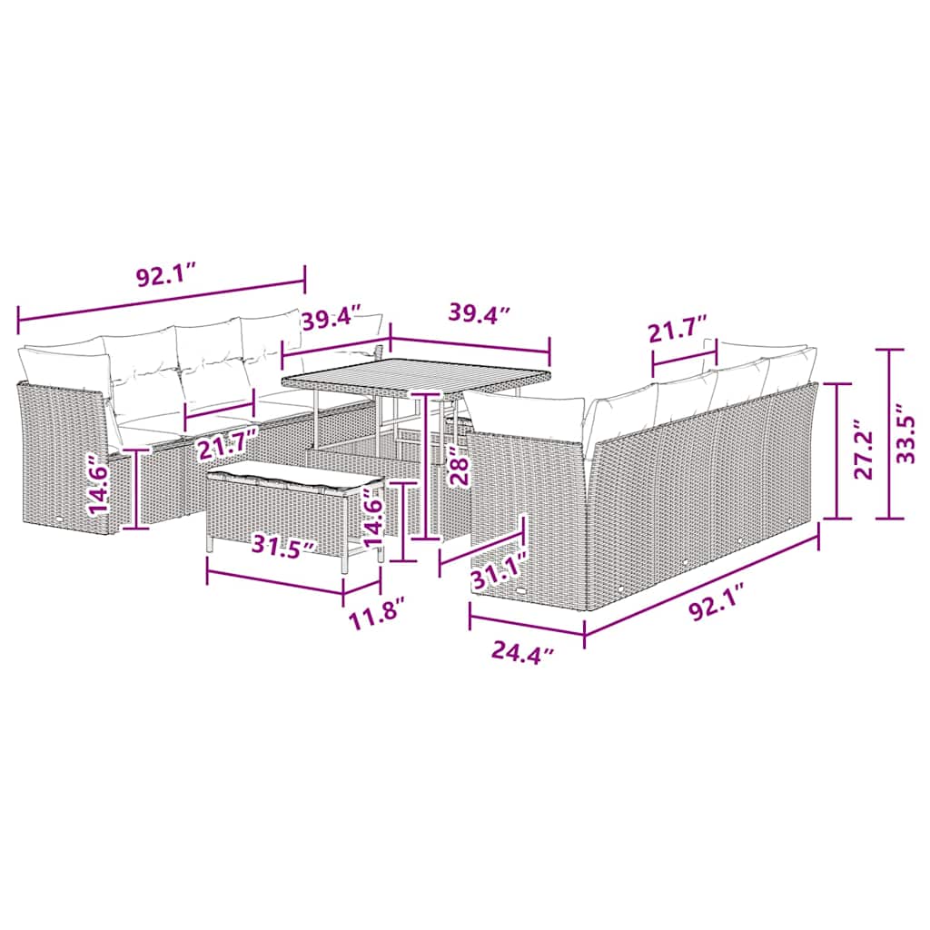 Garden Sofa Set Height-Adjustable 11 pcs Black Poly Rattan