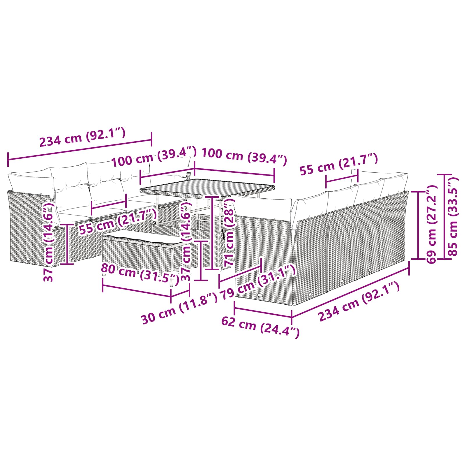 Garden Sofa Set Height-Adjustable 11 pcs Black Poly Rattan