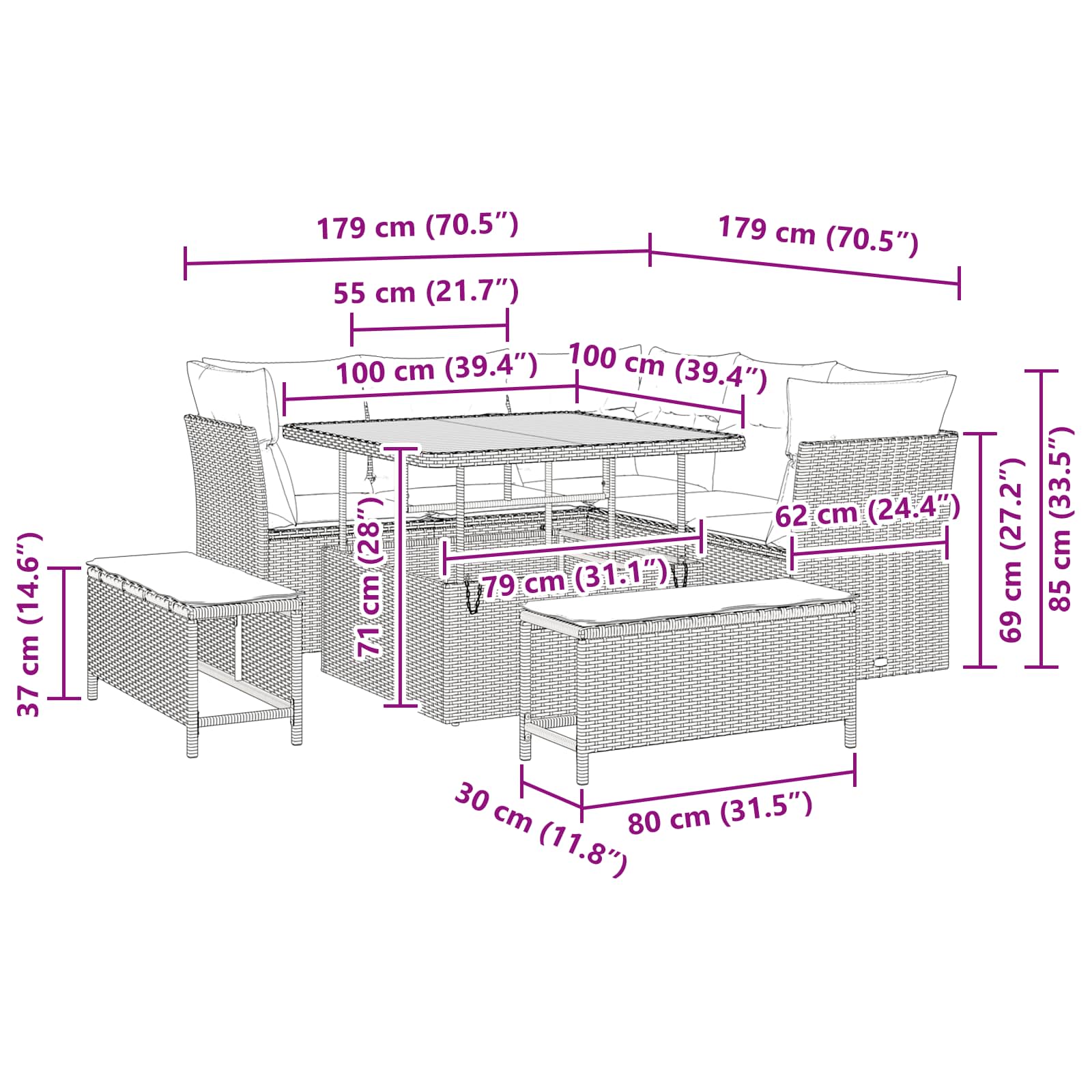 Garden Sofa Set Height-Adjustable 8 pcs Black Poly Rattan