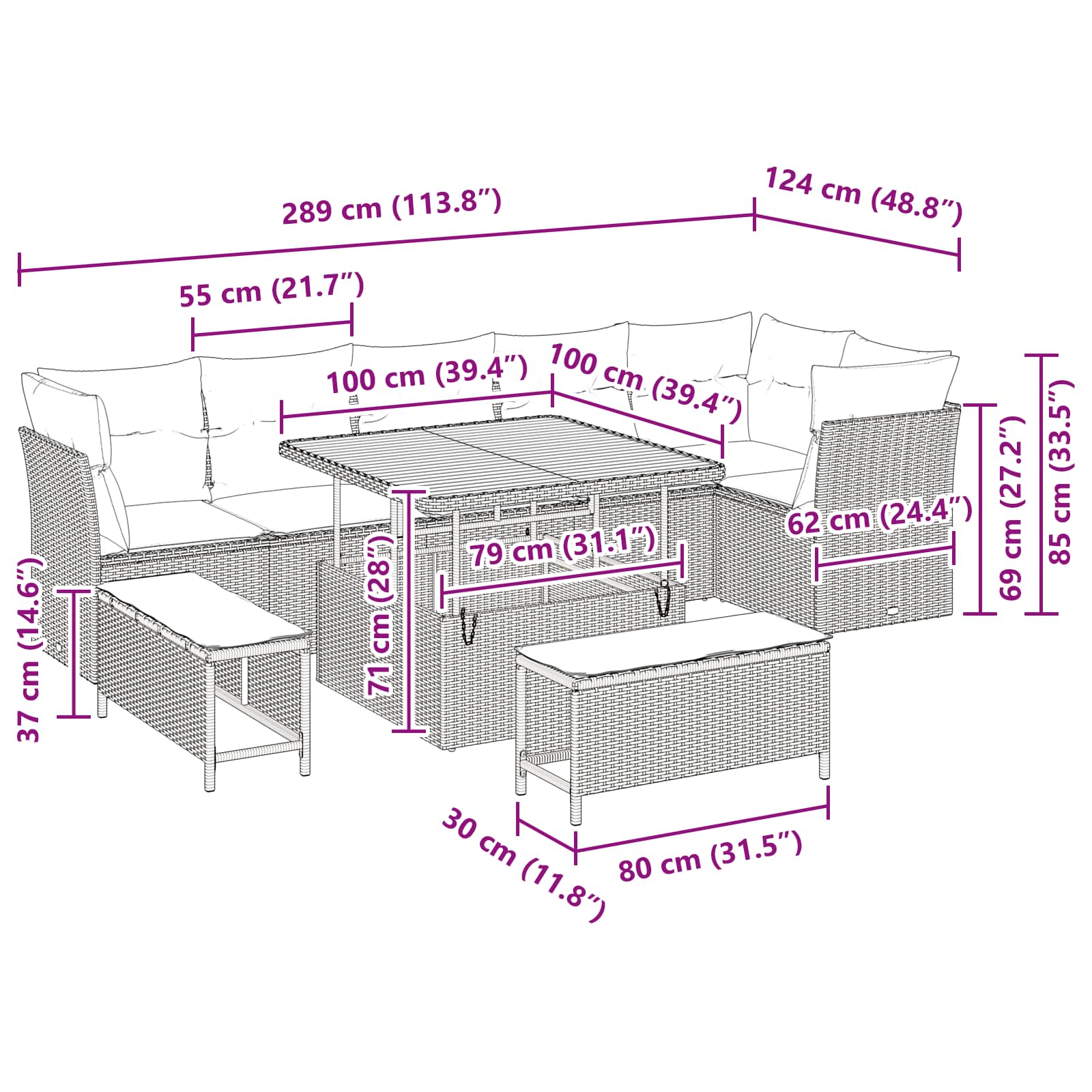 Garden Sofa Set Height-Adjustable 9 pcs Black Poly Rattan
