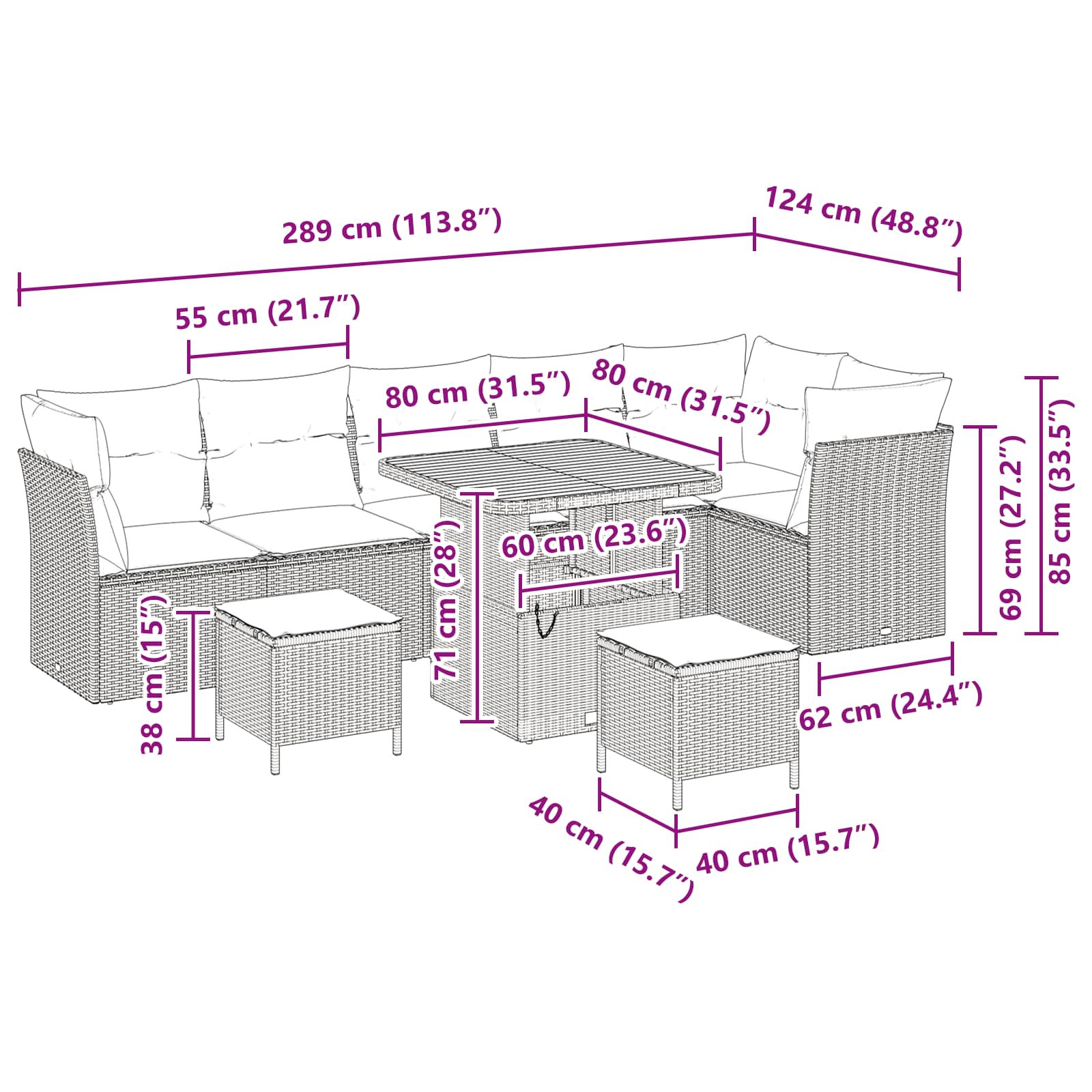 Garden Sofa Set Height-Adjustable 9 pcs Black Poly Rattan