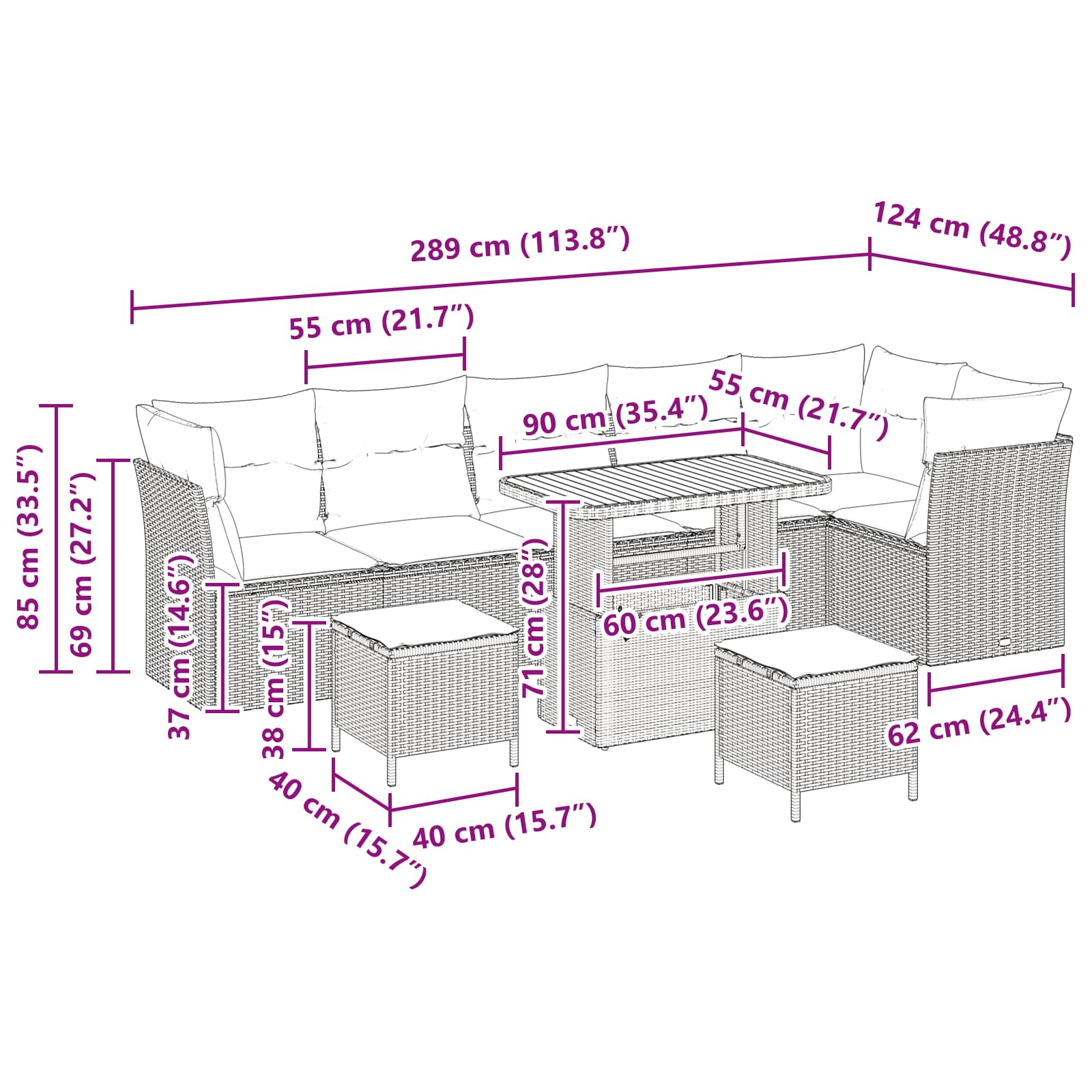 Garden Sofa Set Height-Adjustable 9 pcs Black Poly Rattan
