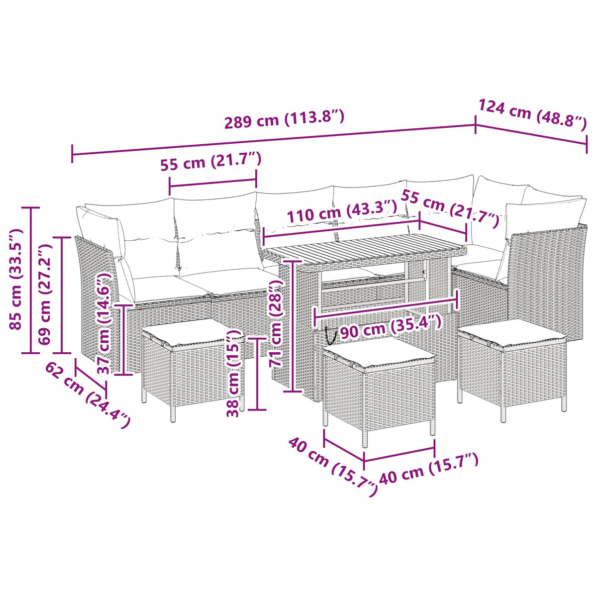 Garden Sofa Set Height-Adjustable 10 pcs Black Poly Rattan
