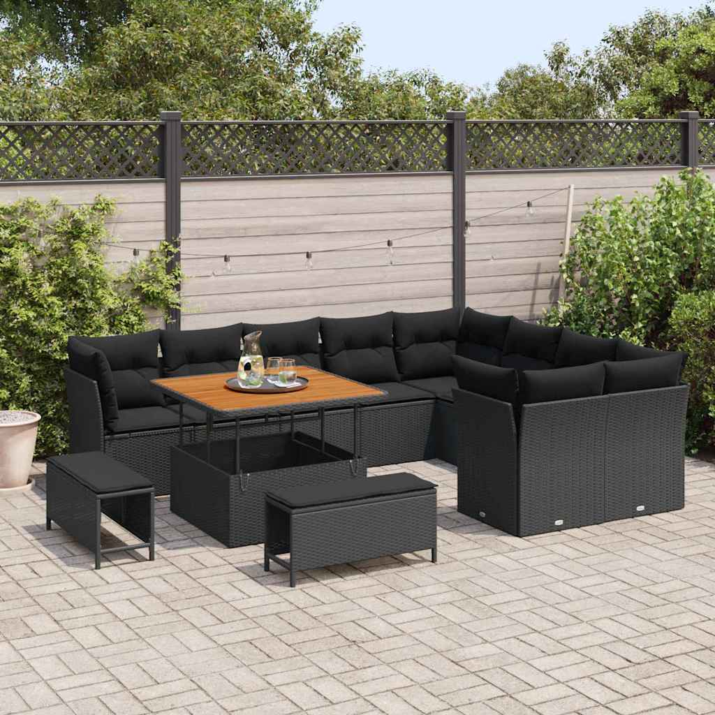 Garden Sofa Set Height-Adjustable 12 pcs Black Poly Rattan