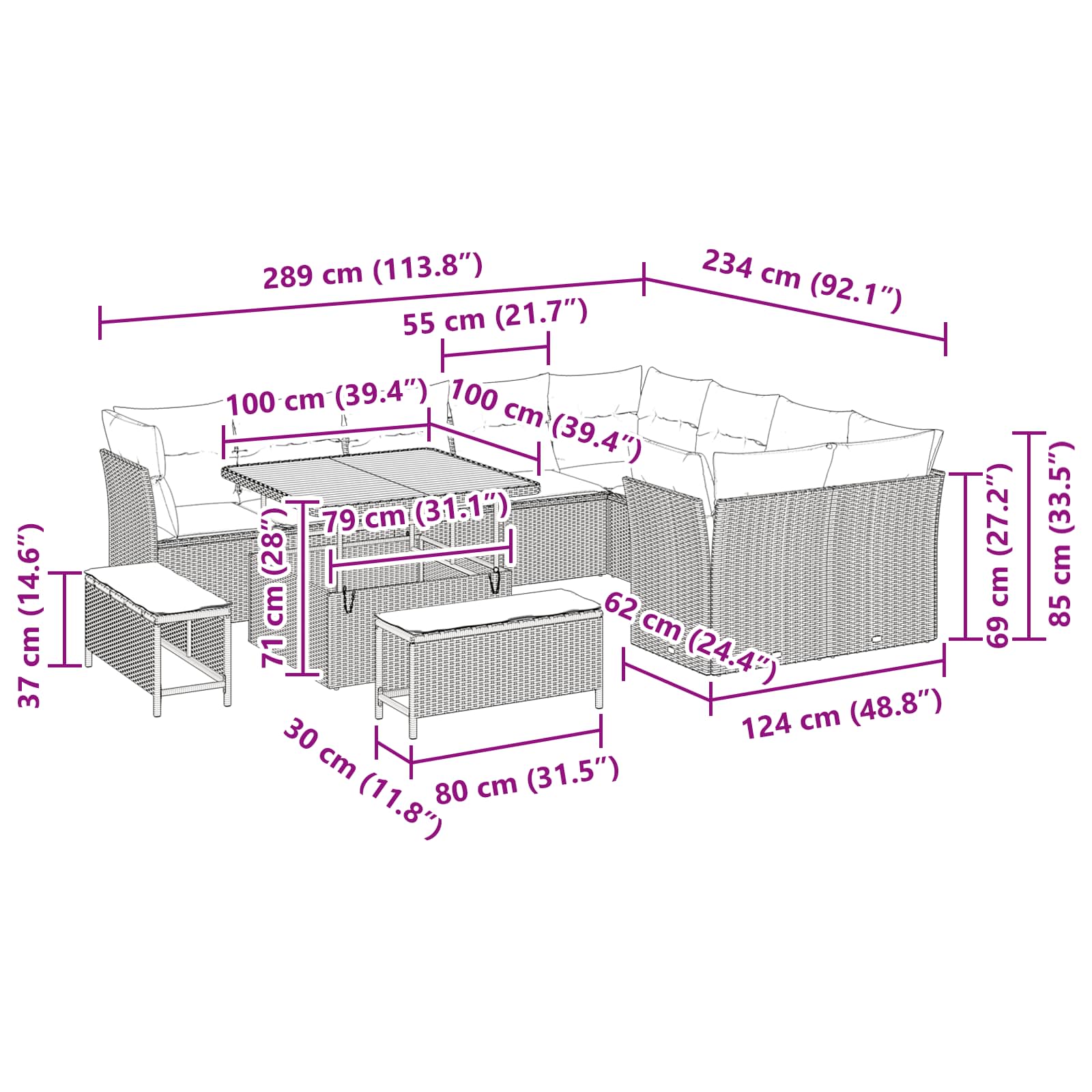Garden Sofa Set Height-Adjustable 12 pcs Black Poly Rattan