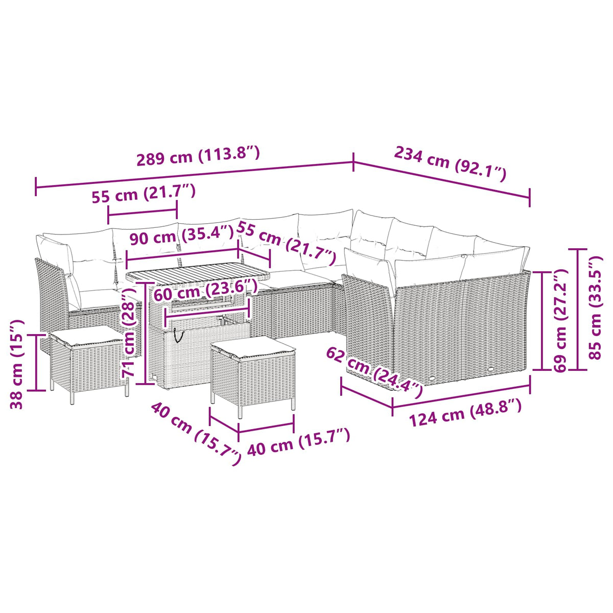 Garden Sofa Set Height-Adjustable 12 pcs Black Poly Rattan
