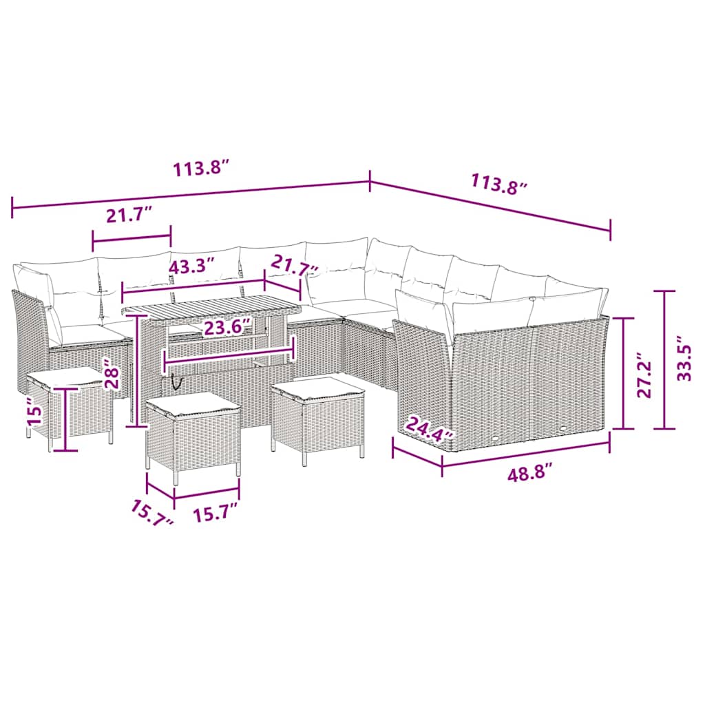 Garden Sofa Set Height-Adjustable 14 pcs Black Poly Rattan