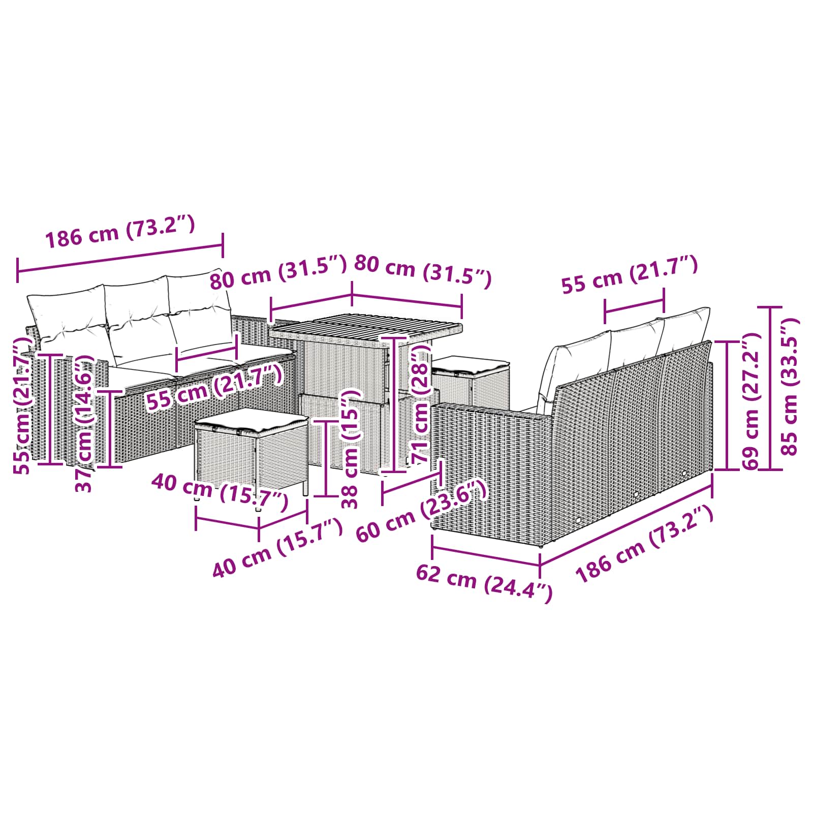 Garden Sofa Set Height-Adjustable 9 pcs Black Poly Rattan