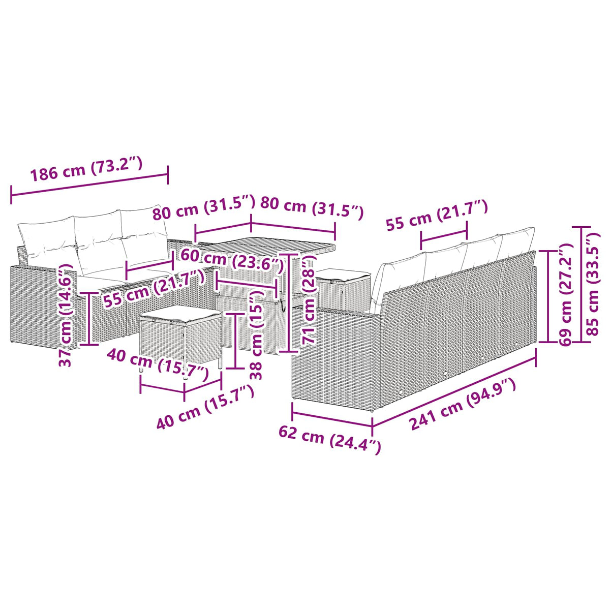 Garden Sofa Set Height-Adjustable 10 pcs Black Poly Rattan