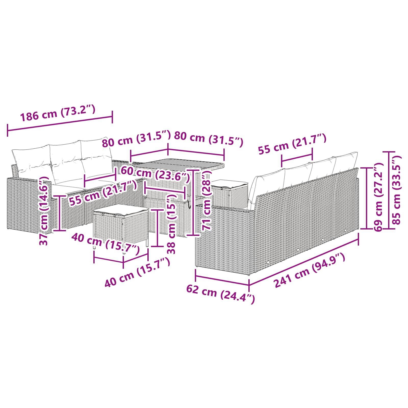 Garden Sofa Set Height-Adjustable 10 pcs Black Poly Rattan
