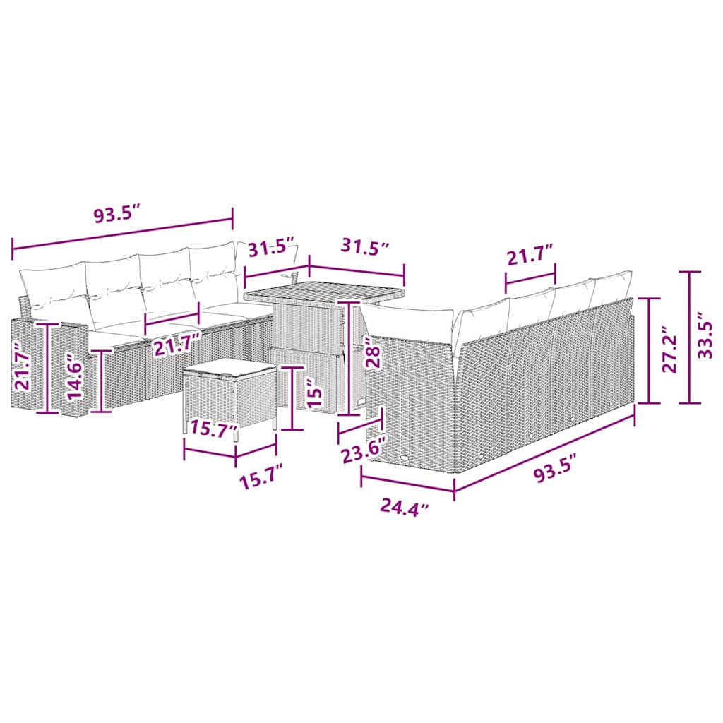 Garden Sofa Set Height-Adjustable 11 pcs Black Poly Rattan