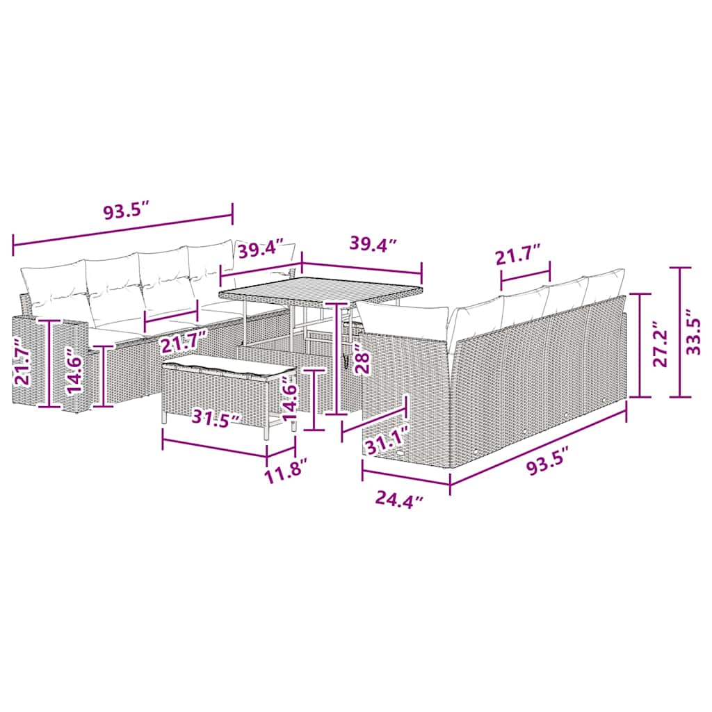 Garden Sofa Set Height-Adjustable 11 pcs Black Poly Rattan