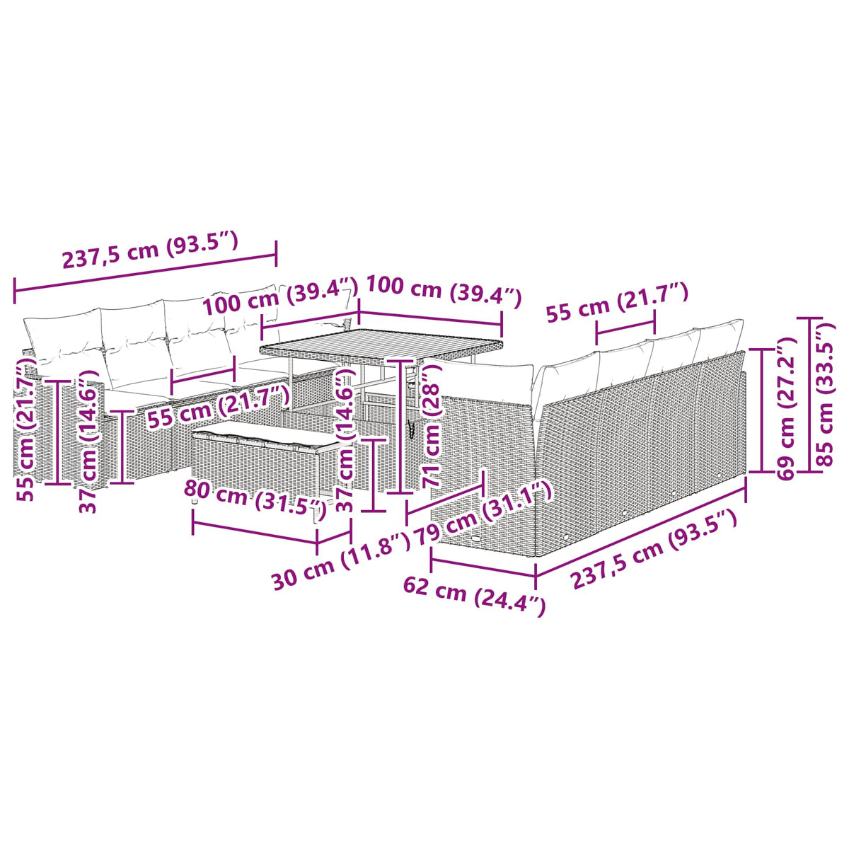 Garden Sofa Set Height-Adjustable 11 pcs Black Poly Rattan