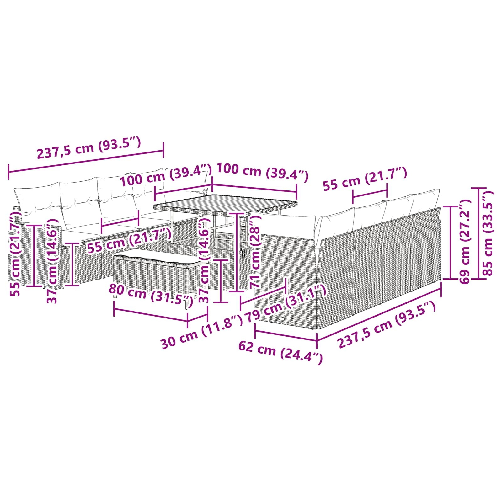 Garden Sofa Set Height-Adjustable 11 pcs Black Poly Rattan