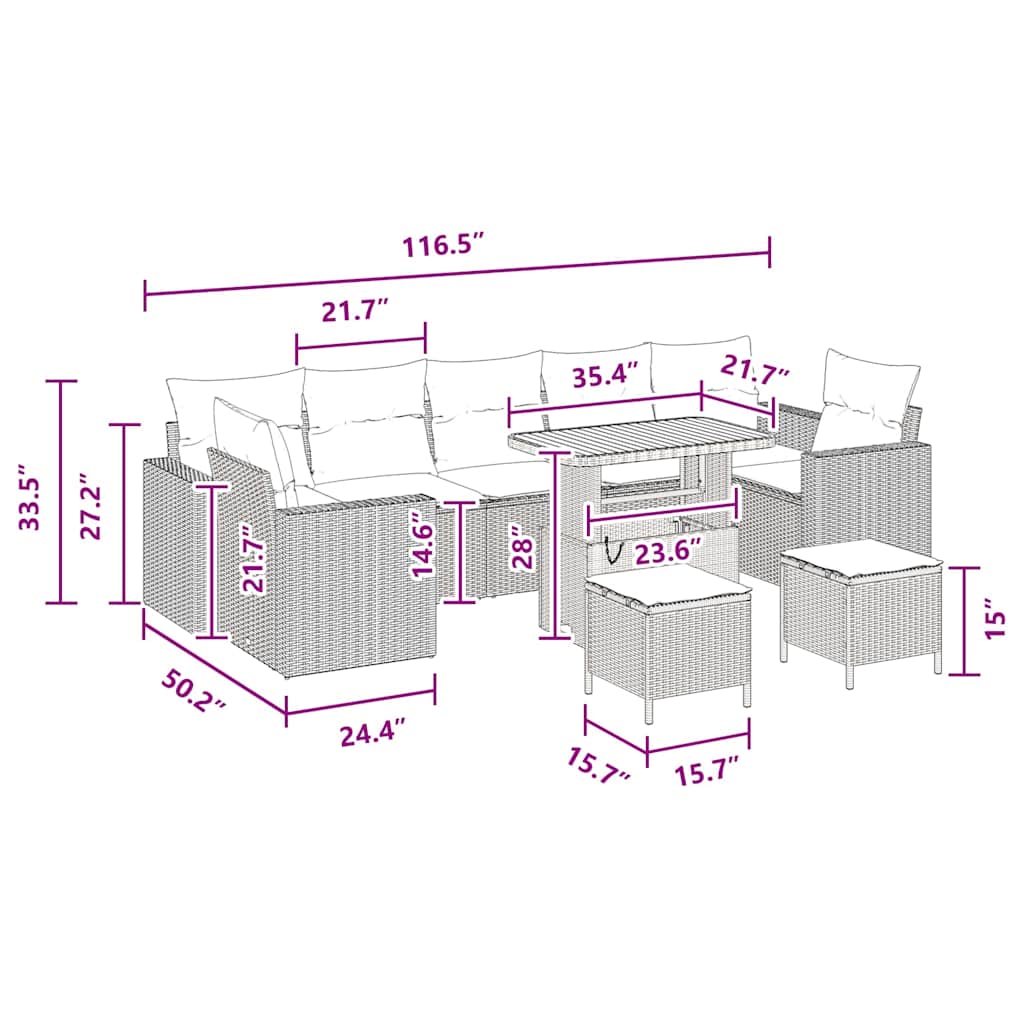 Garden Sofa Set Height-Adjustable 10 pcs Black Poly Rattan