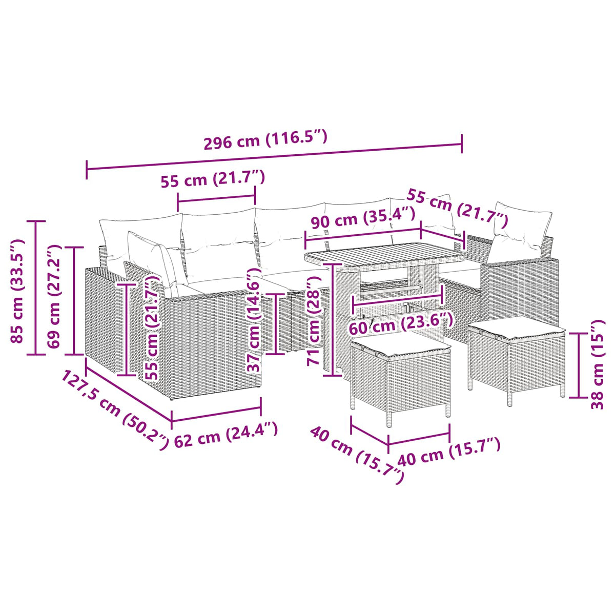Garden Sofa Set Height-Adjustable 10 pcs Black Poly Rattan