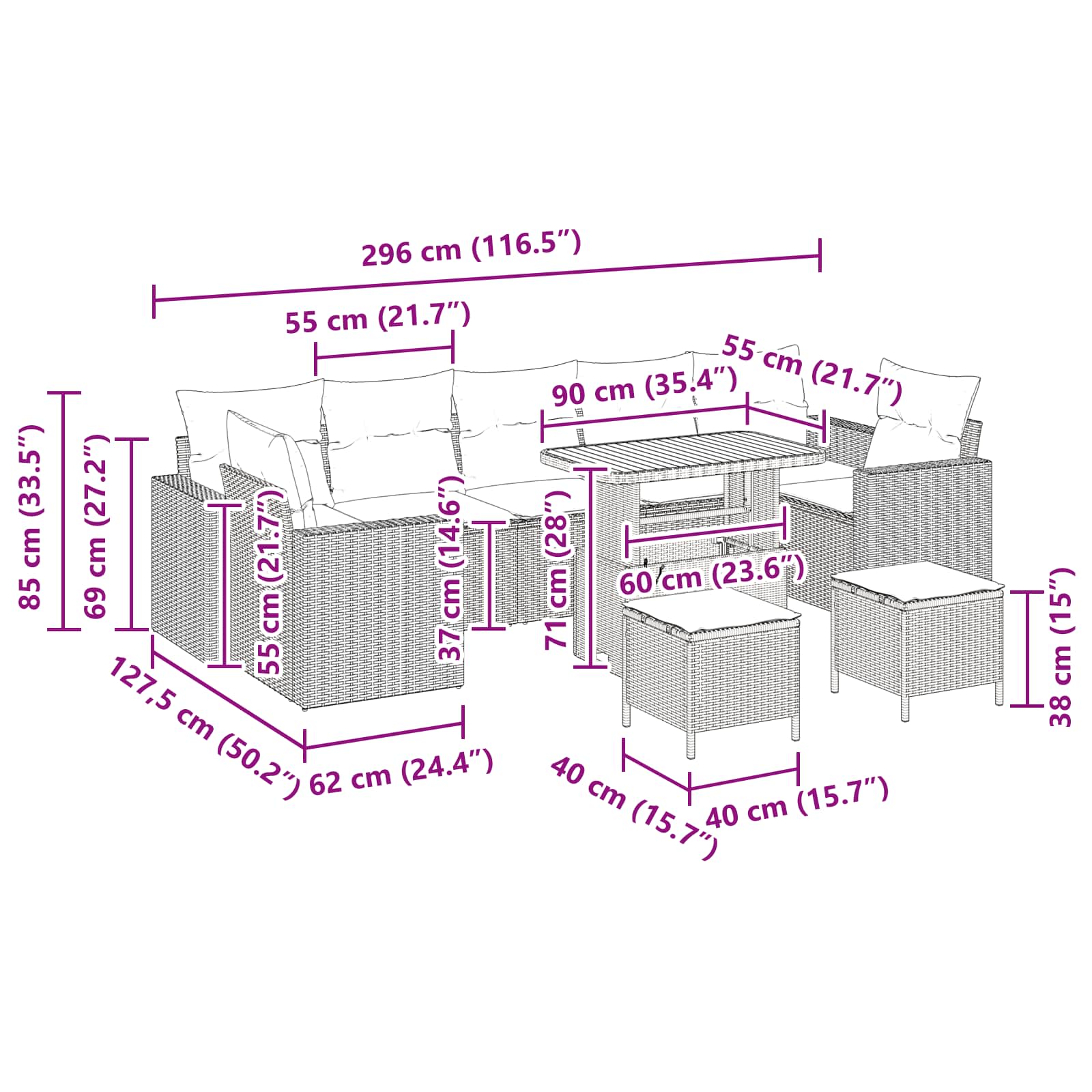 Garden Sofa Set Height-Adjustable 10 pcs Black Poly Rattan