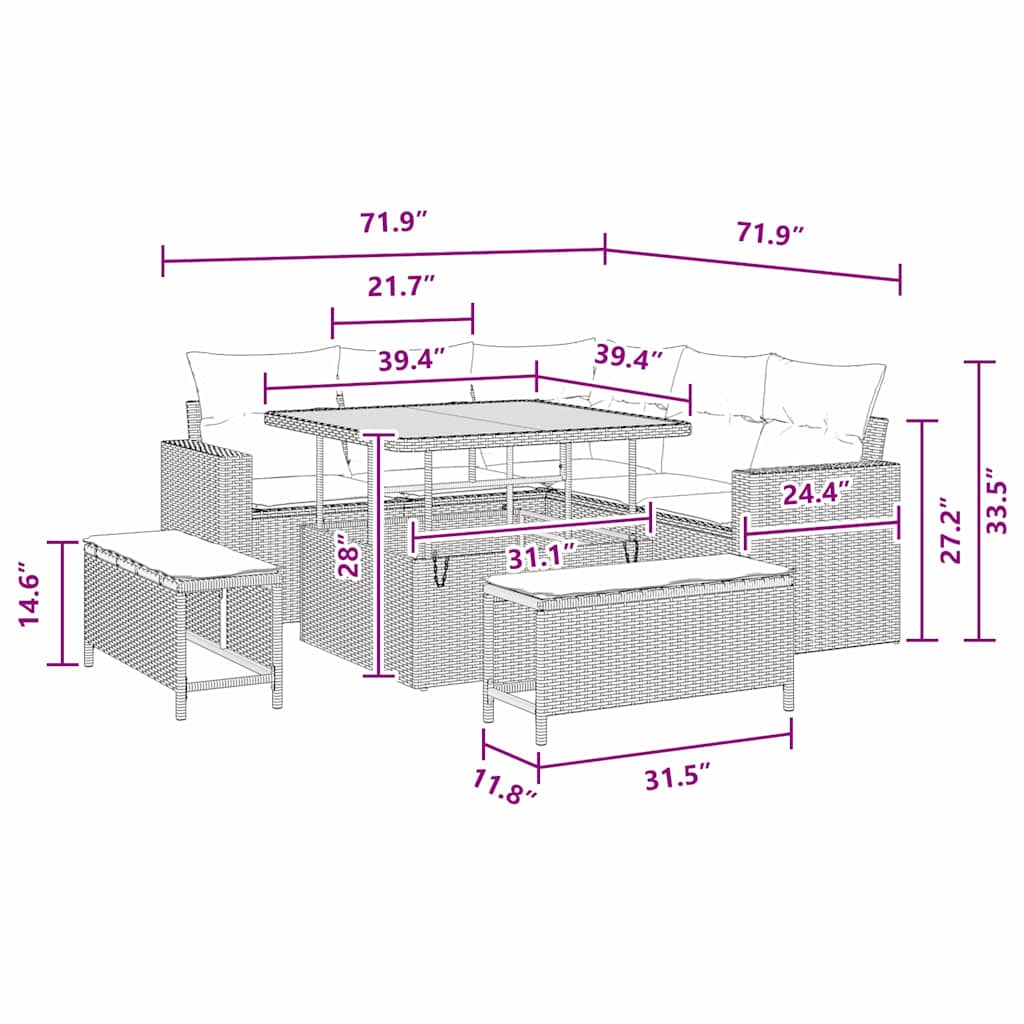 Garden Sofa Set Height-Adjustable 8 pcs Black Poly Rattan