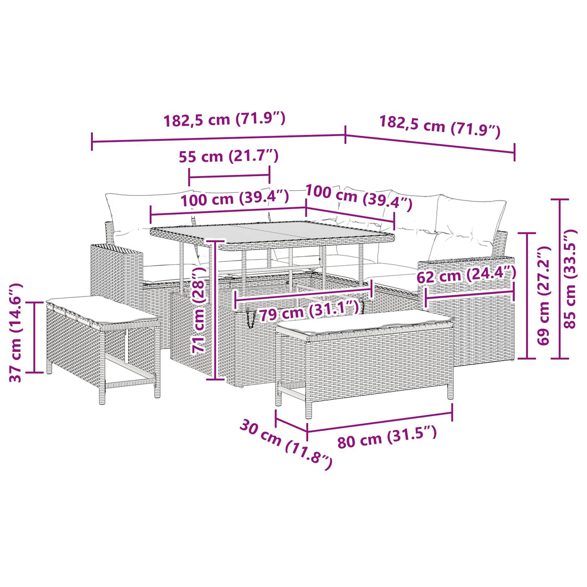 Garden Sofa Set Height-Adjustable 8 pcs Black Poly Rattan